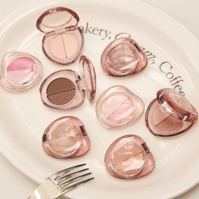 ETUDE What's in My Eyes Cafe Double eyeshadow palettes displayed on a plate