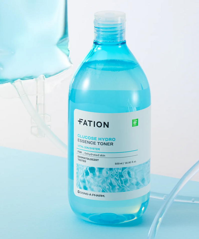FATION Glucose Hydro Essence Toner 500ml bottle on a light blue background, designed for dry and dehydrated skin care routine.