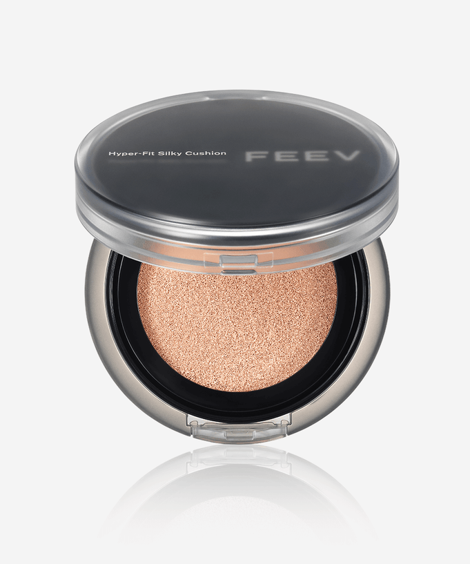 FEEV Hyper-Fit Silky Cushion makeup product with open compact displaying the cushion inside, ideal for flawless skin application.