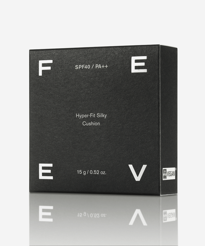 FEEV Hyper-Fit Silky Cushion packaging with SPF40 PA++ label, 15g vegan product.