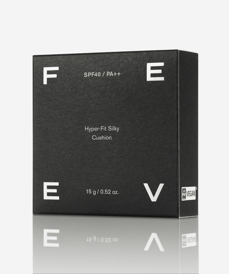 FEEV Hyper-Fit Silky Cushion packaging with SPF40 PA++ label, 15g vegan product.