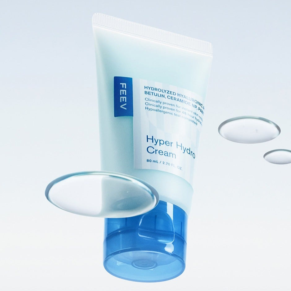 FEEV Hyper Hydro Cream 80ml tube with floating water droplets highlighting hydrating properties.
