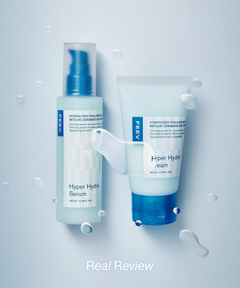 FEEV Hyper Hydro Serum 50ml and cream with water droplets on a blue background