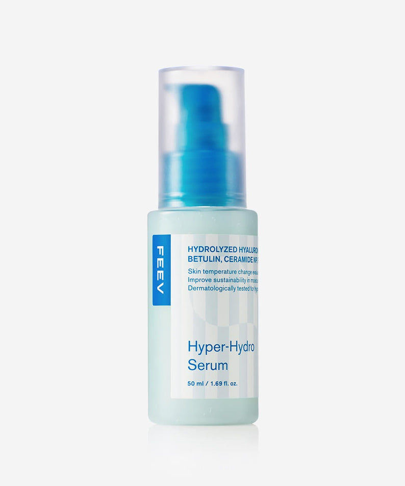 FEEV Hyper Hydro Serum 50ml bottle with blue pump, hydrating skincare product for improved skin moisture and condition.