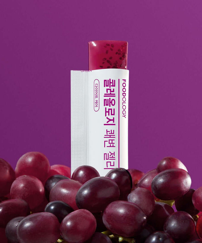 FOODOLOGY Cholelogy Laxative Jelly 250g with grapes on a purple background