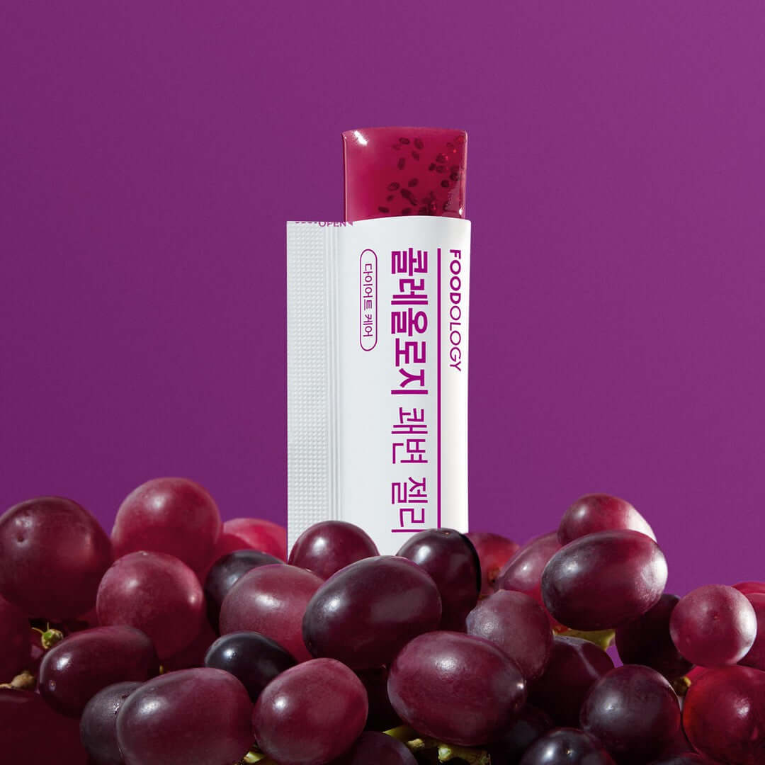 FOODOLOGY Cholelogy Laxative Jelly 250g with grapes on a purple background