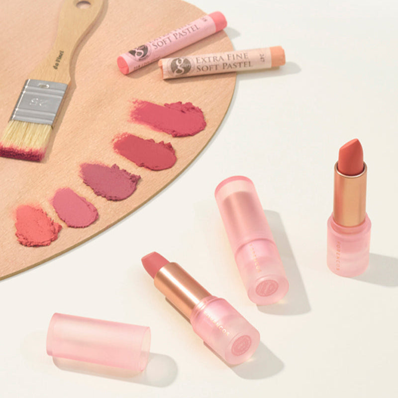 FORENCOS All Light Mood Chiffon Lipstick in soft shades with a brush and color swatches on a wooden palette.