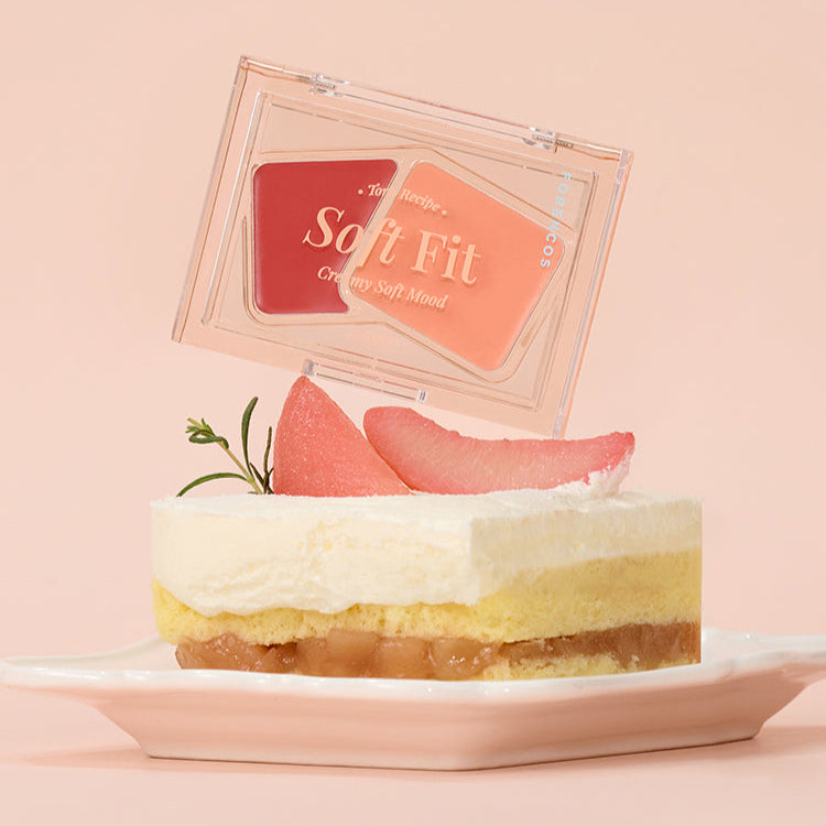 FORENCOS Soft Fitting Cream Blusher displayed above a dessert, highlighting the blush's soft and creamy texture.