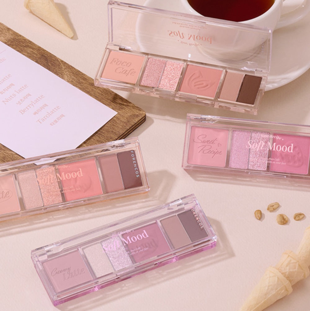 FORENCOS Soft Mood Eye Palette featuring various shades, perfect for versatile eye makeup looks, displayed with soft aesthetic details.