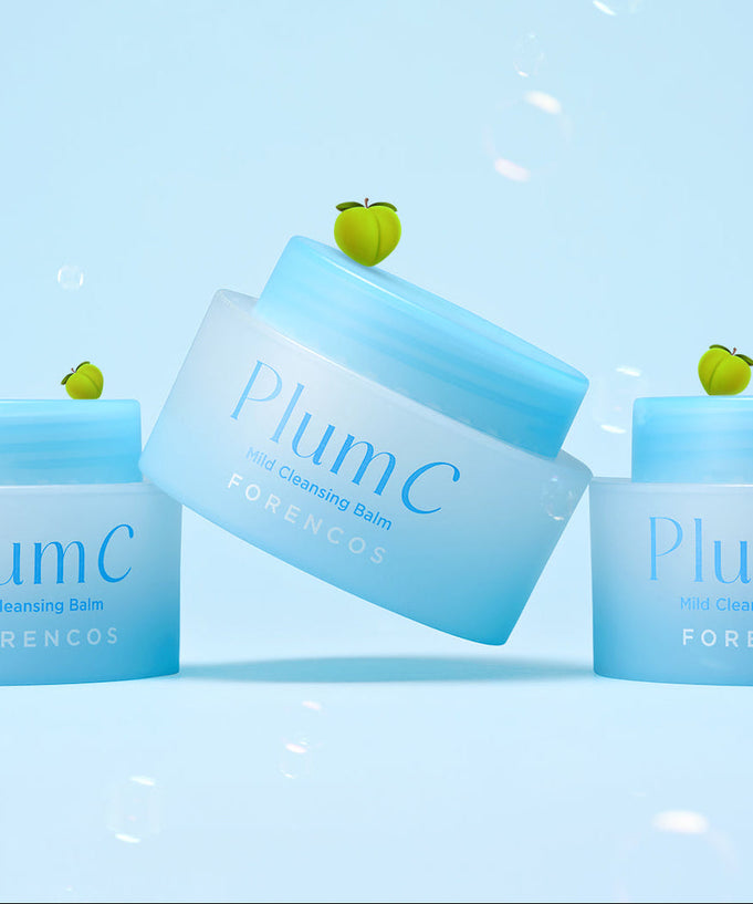 FORENCOS Plum C Mild Cleansing Balm 50ml jars with green fruit on blue background.