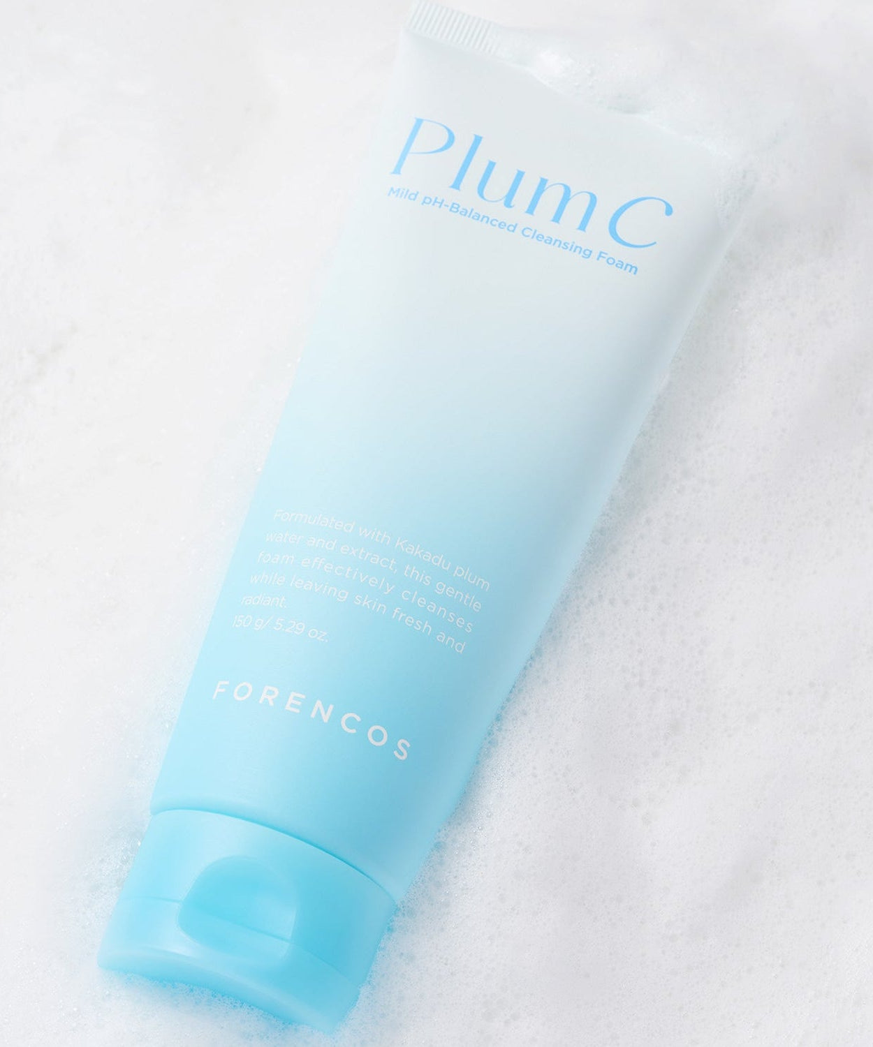 FORENCOS Plum C Mild Mild Acidic Cleansing Foam 150g tube on a bubbly surface.