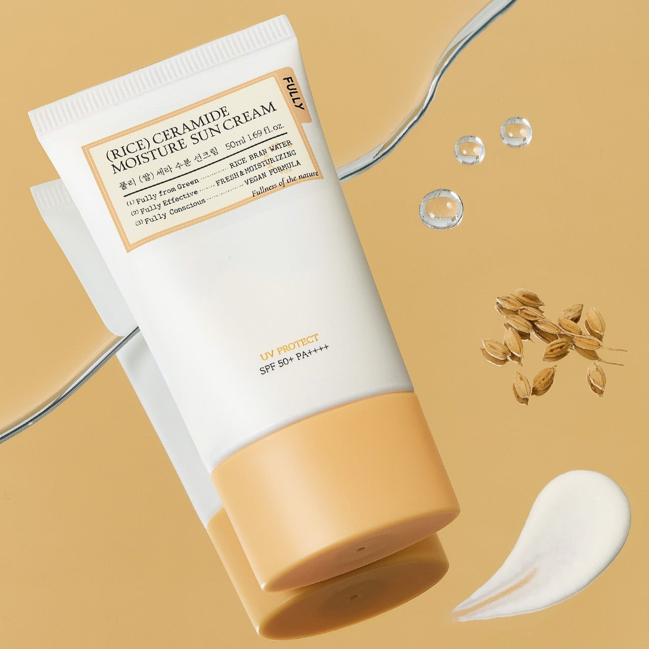 FULLY Rice Sera Moisture Sunscreen 50ml tube with rice and cream elements displayed.