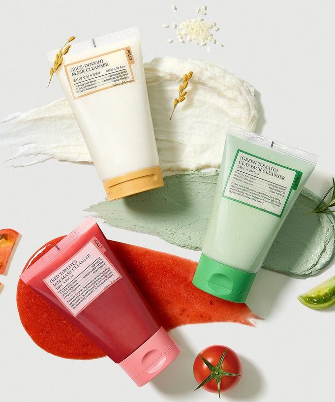 FULLY Fully Pack Cleanser 3-piece set featuring three colorful tubes with natural ingredients on a textured background.