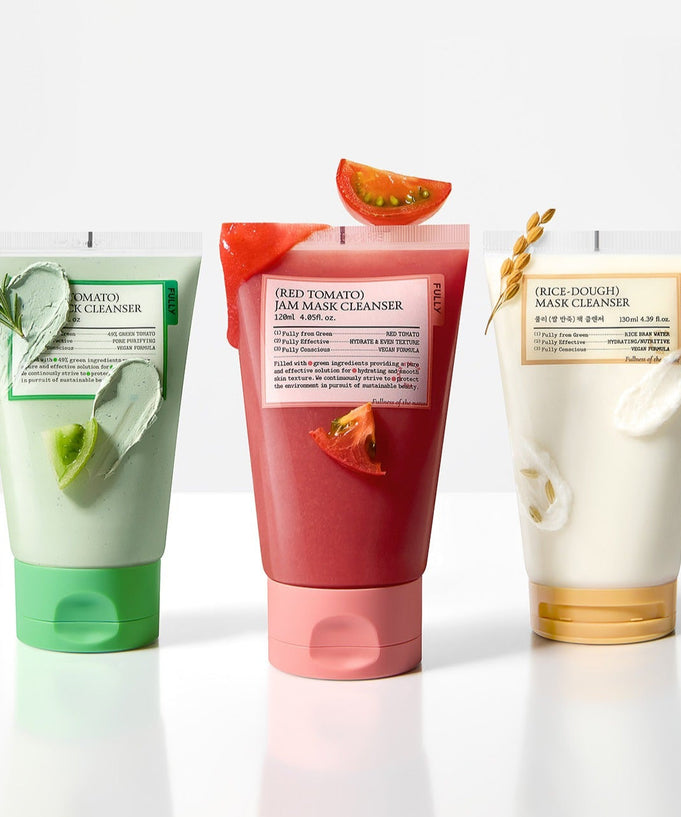 FULLY Fully Pack Cleanser 3-piece set with tomato, aloe, and rice mask cleansers displayed in a colorful arrangement.