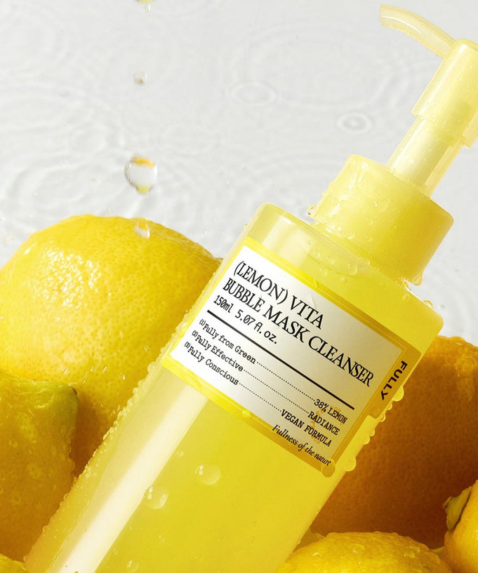 FULLY Lemon Vita Bubble Pack Cleanser 150ml bottle with lemons in the background, showcasing vibrant and refreshing skincare packaging.
