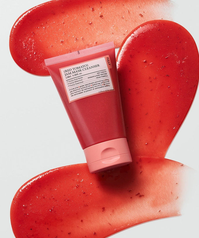 FULLY Red Tomato Jam Pack Cleanser 120ml tube with red tomato gel texture on white background