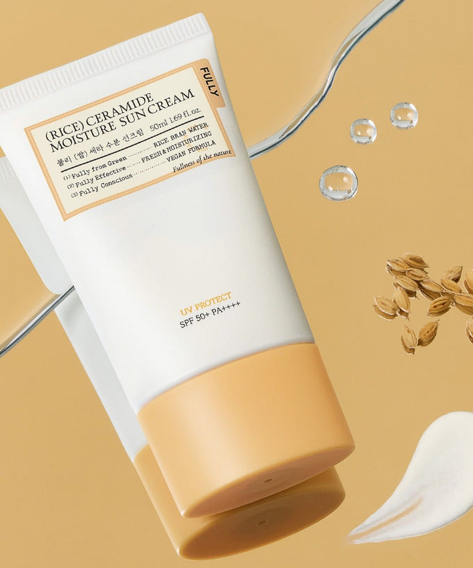FULLY Rice Sera Moisture Sunscreen 50ml tube with rice and cream elements displayed.