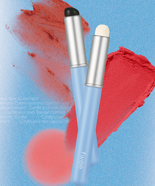 FWEE Fingerlike Lip Brush with dual-tips for precise lip application on a blue background.