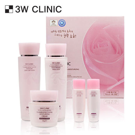 3W CLINIC Flower Effect ឈុតថែរក្សាស្បែកដែលផ្តល់សំណើមបន្ថែម (បន្ទន់ + សារធាតុ អេមលសិន + ក្រែម)