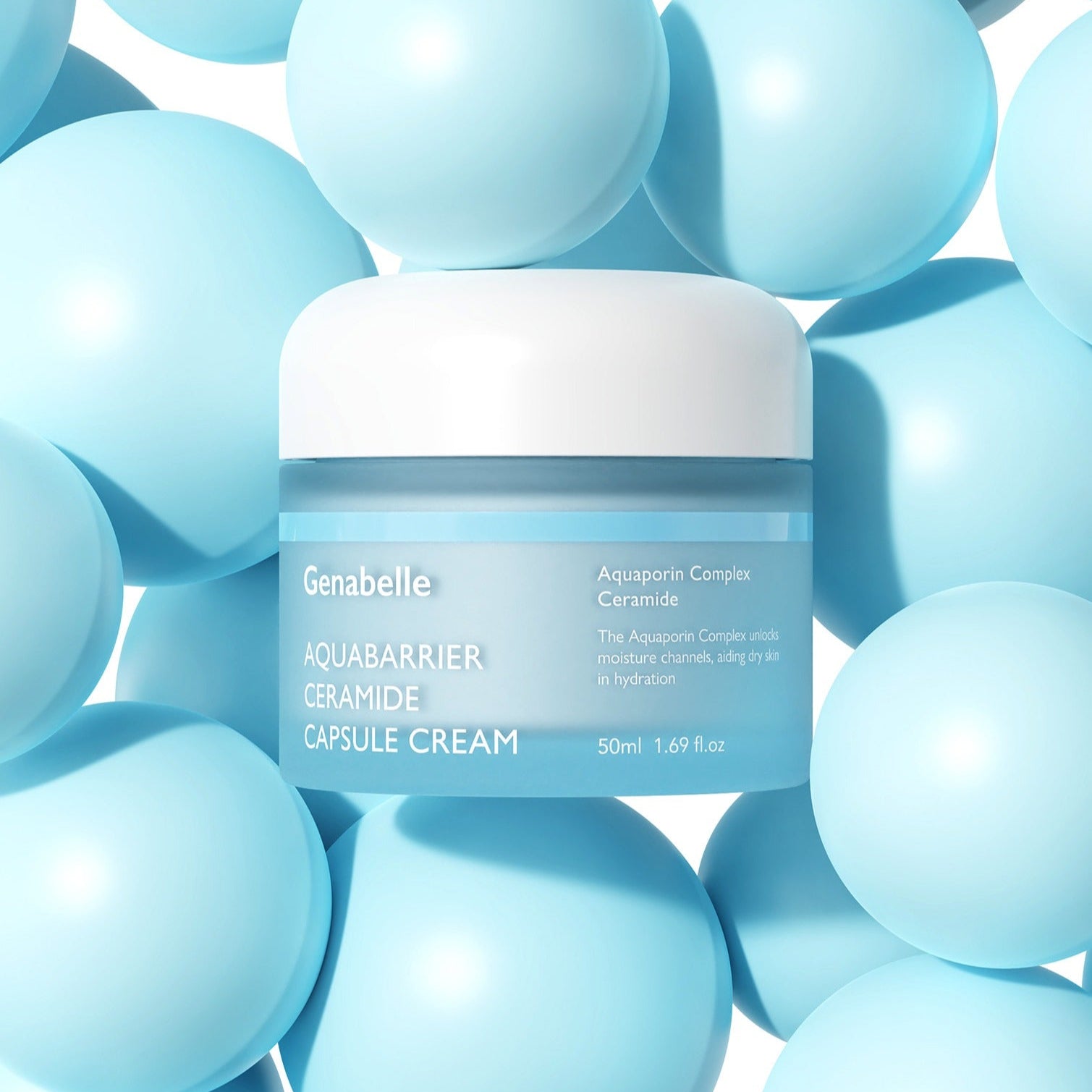 GENABELLE Auqabarrier Ceramide Capsule Cream 50ml surrounded by blue spheres