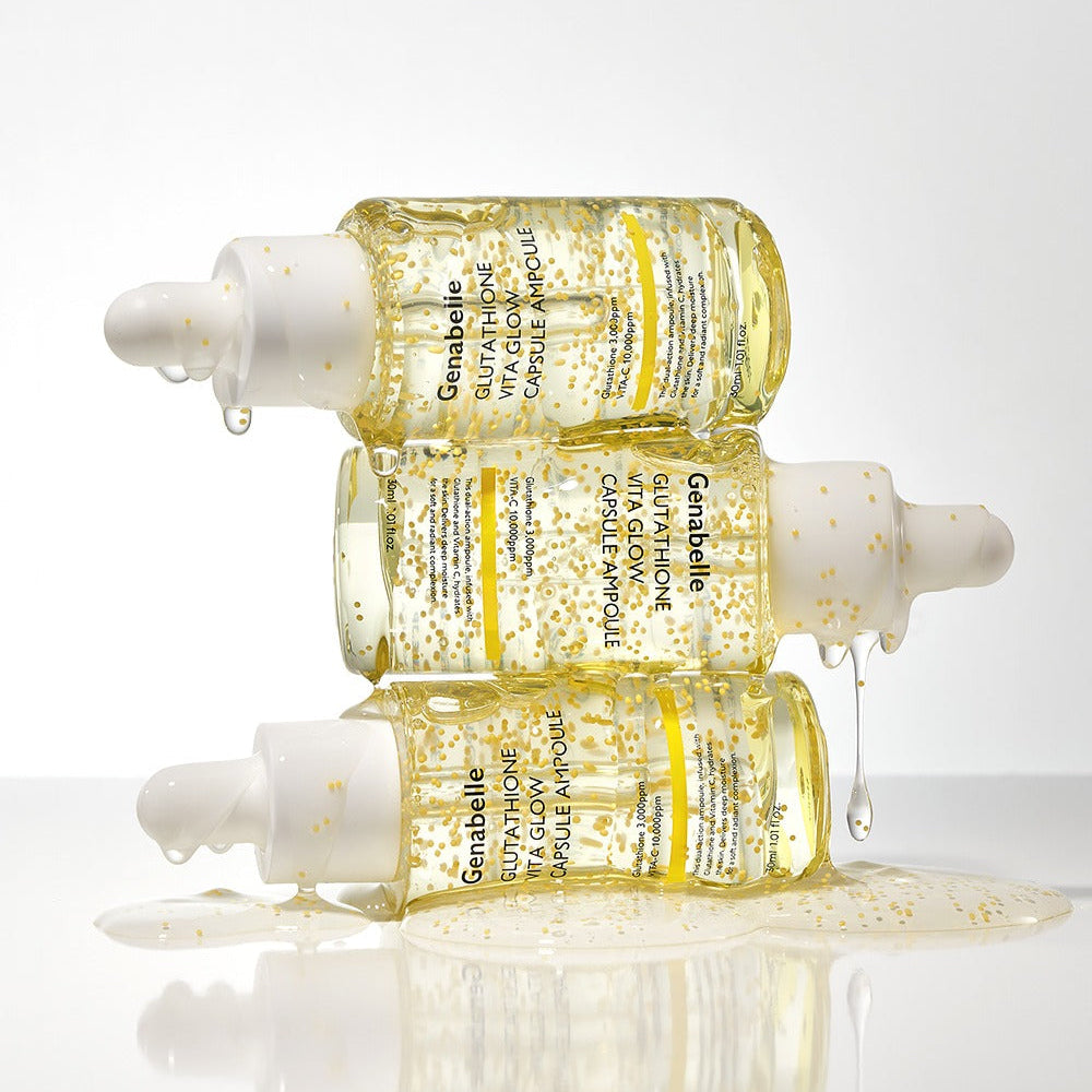 GENABELLE Glutathione Vita Glow Capsule Ampoule 30ml bottles stacked with liquid spilling over, showcasing the product's luxurious serum.