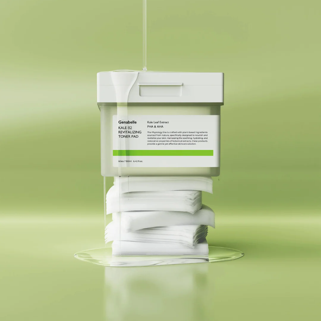 GENABELLE Kale 82 Revitalizing Toner Pad 60ea in a green background showcasing stacked pads and packaging.