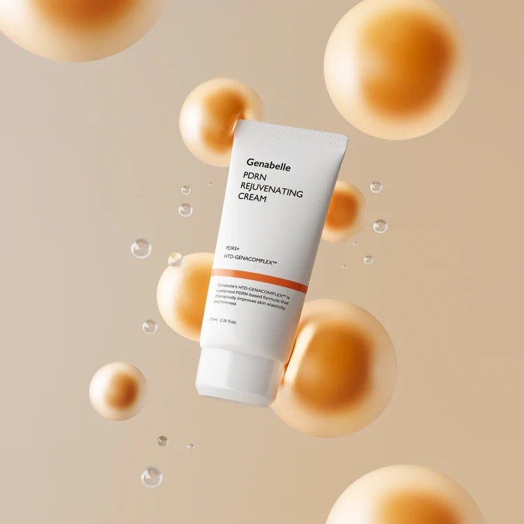 GENABELLE PDRN Rejuvenating Cream 70ml with floating golden spheres showcasing its luxurious texture and packaging.