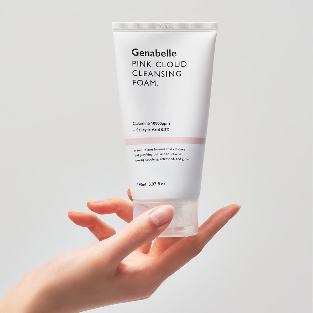GENABELLE Pink Clound Cleansing Foam 150ml being held by a hand, showcasing the product packaging.