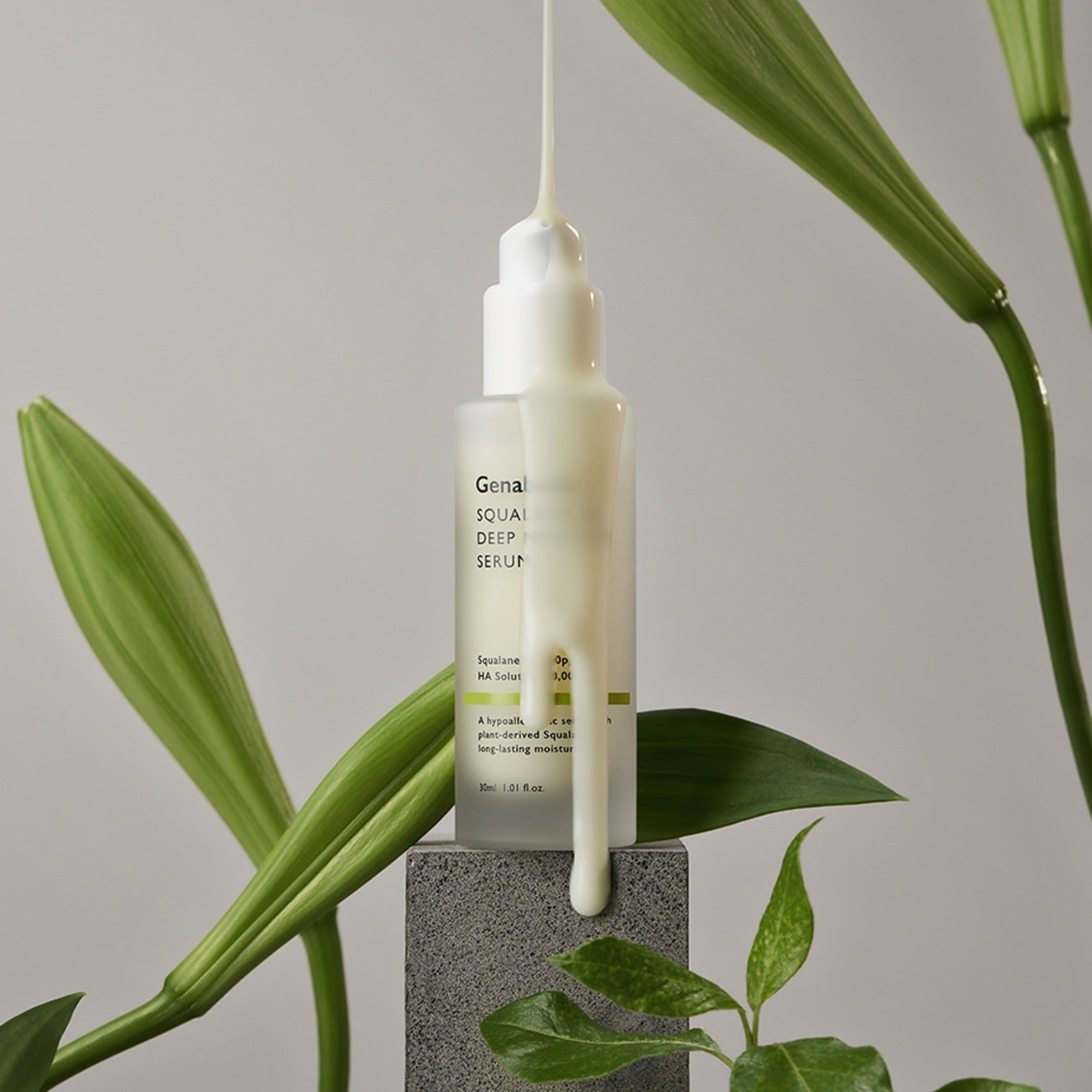 GENABELLE Squalane 53 Deep Moisture Serum 30ml bottle with plants, showcasing luxurious hydration properties.