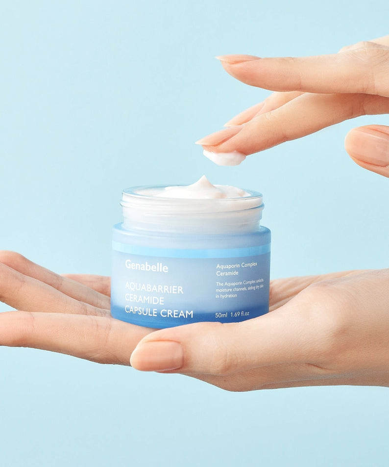 GENABELLE Auqabarrier Ceramide Capsule Cream 50ml jar with hand applying cream