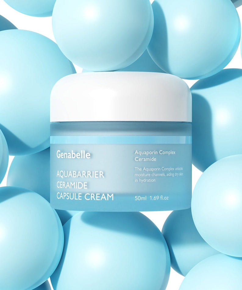 GENABELLE Auqabarrier Ceramide Capsule Cream 50ml surrounded by blue spheres