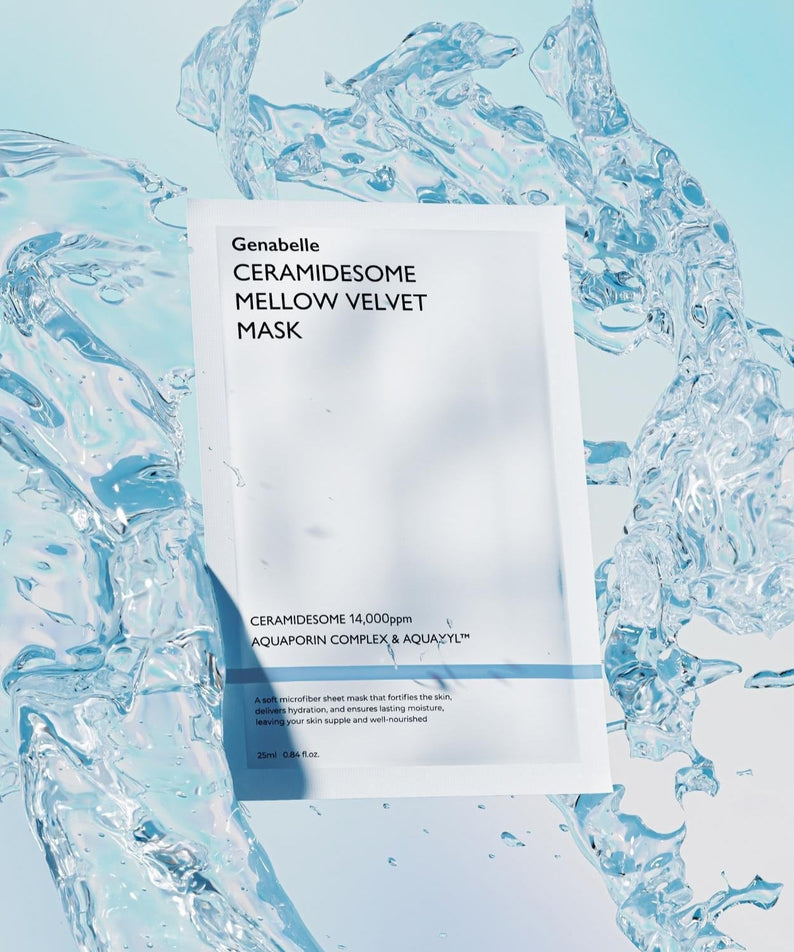 GENABELLE Ceramidsome Mellow Velvet Mask 5ea packaging in water splash background