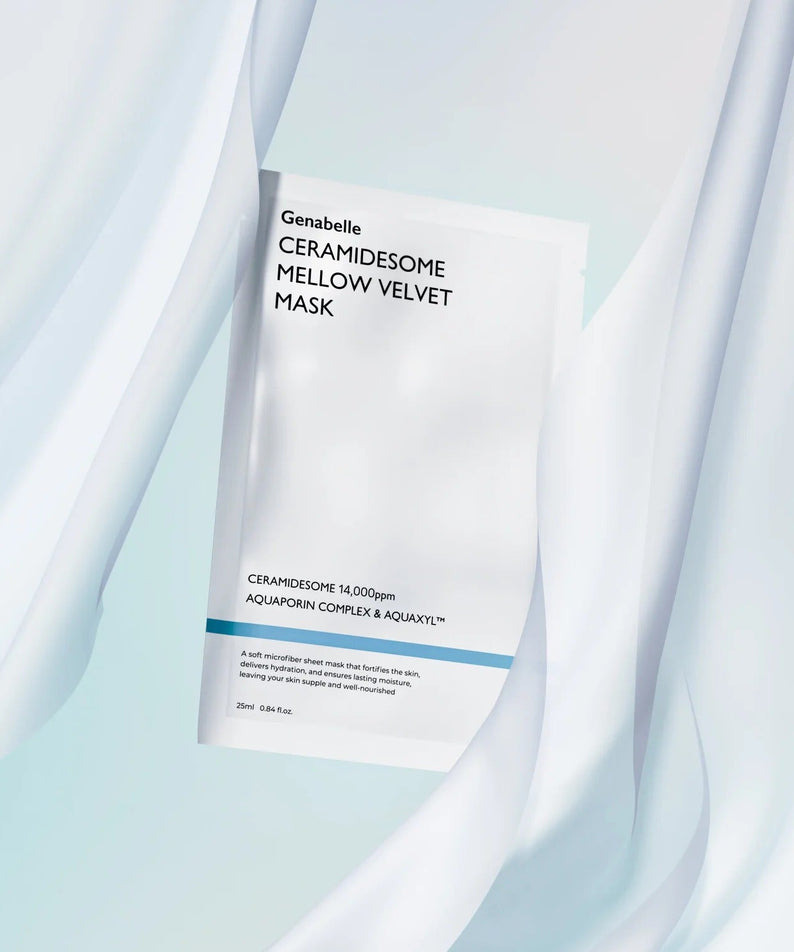 GENABELLE Ceramidsome Mellow Velvet Mask 5ea displayed elegantly in soft fabric background.