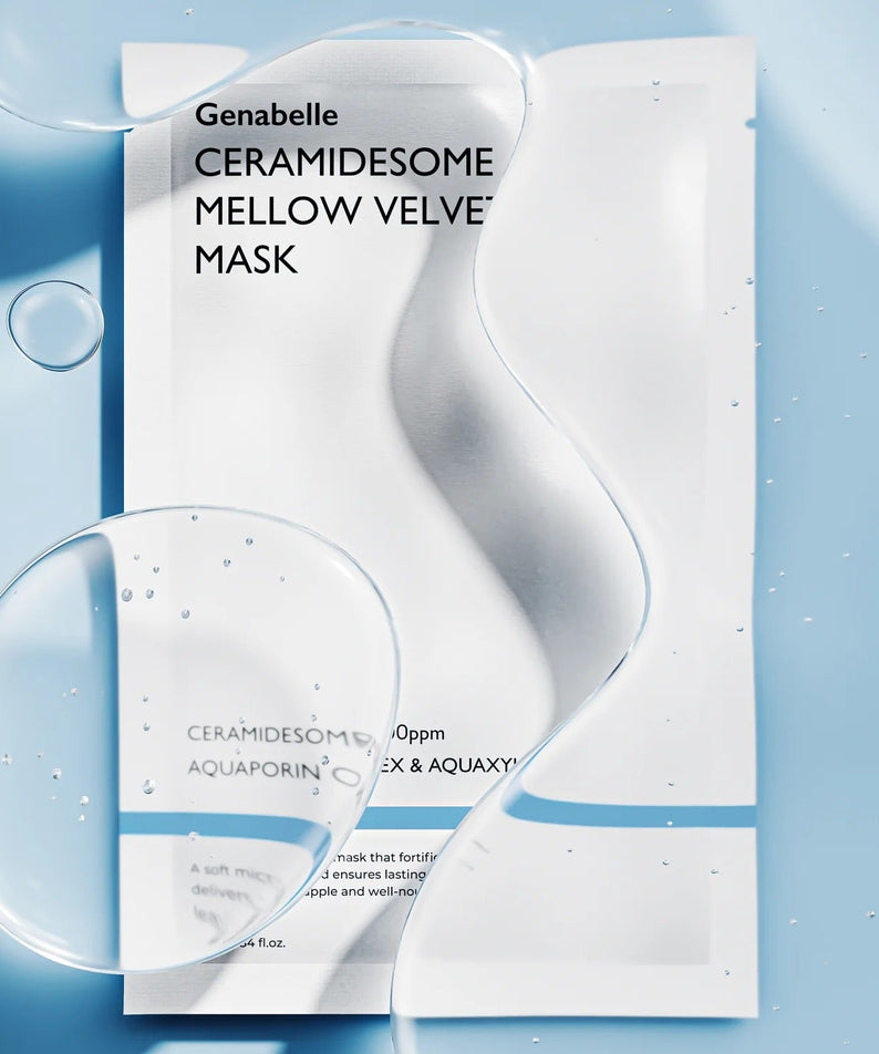 GENABELLE Ceramidsome Mellow Velvet Mask 5ea product packaging with water droplets on a light blue background.