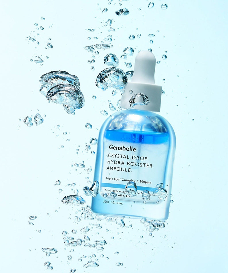 GENABELLE Crystal Drop Hydra Booster Ampoule 30ml with hydrating blue liquid and bubbles on a light blue background.