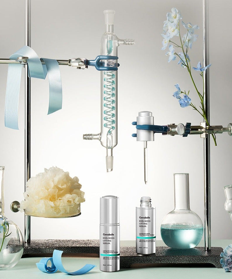 GENABELLE Edelwiss Lifting Serum 40ml next to scientific apparatus and floral elements.