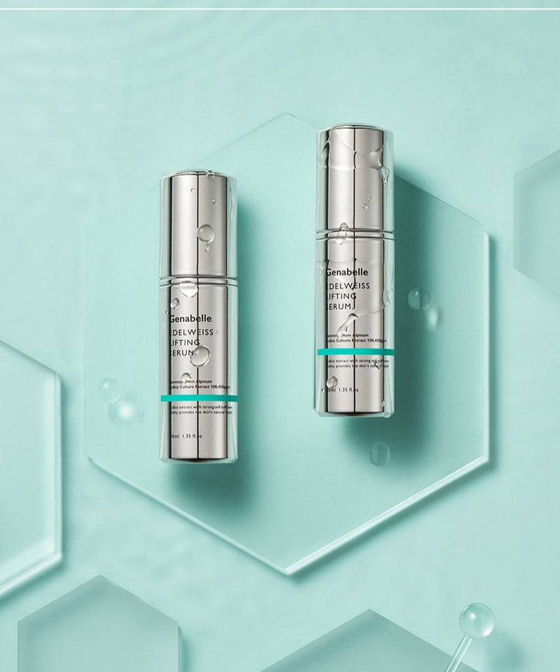 GENABELLE Edelwiss Lifting Serum 40ml bottles displayed on a hexagonal background.