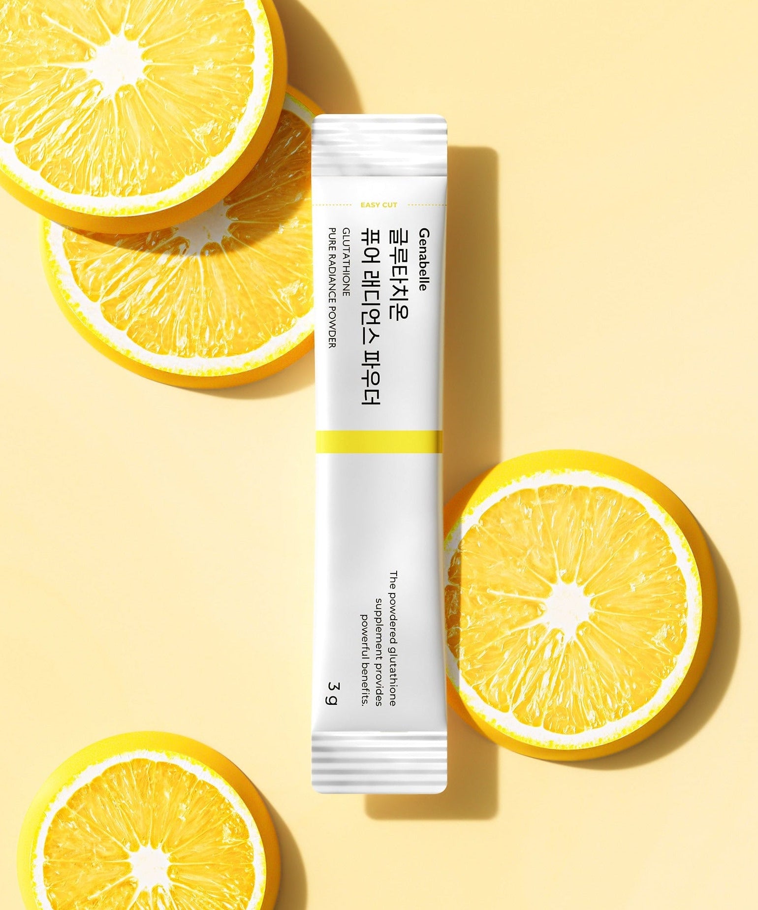 GENABELLE Glutathione Pure Radiance Powder 20ea stick pack with fresh citrus slices on a yellow background