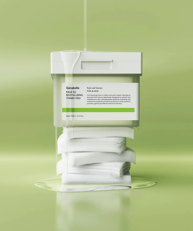 GENABELLE Kale 82 Revitalizing Toner Pad 60ea in a green background showcasing stacked pads and packaging.