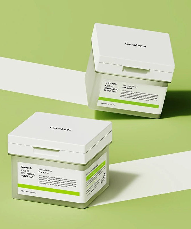 GENABELLE Kale 82 Revitalizing Toner Pad 60ea product packaging on a green background.