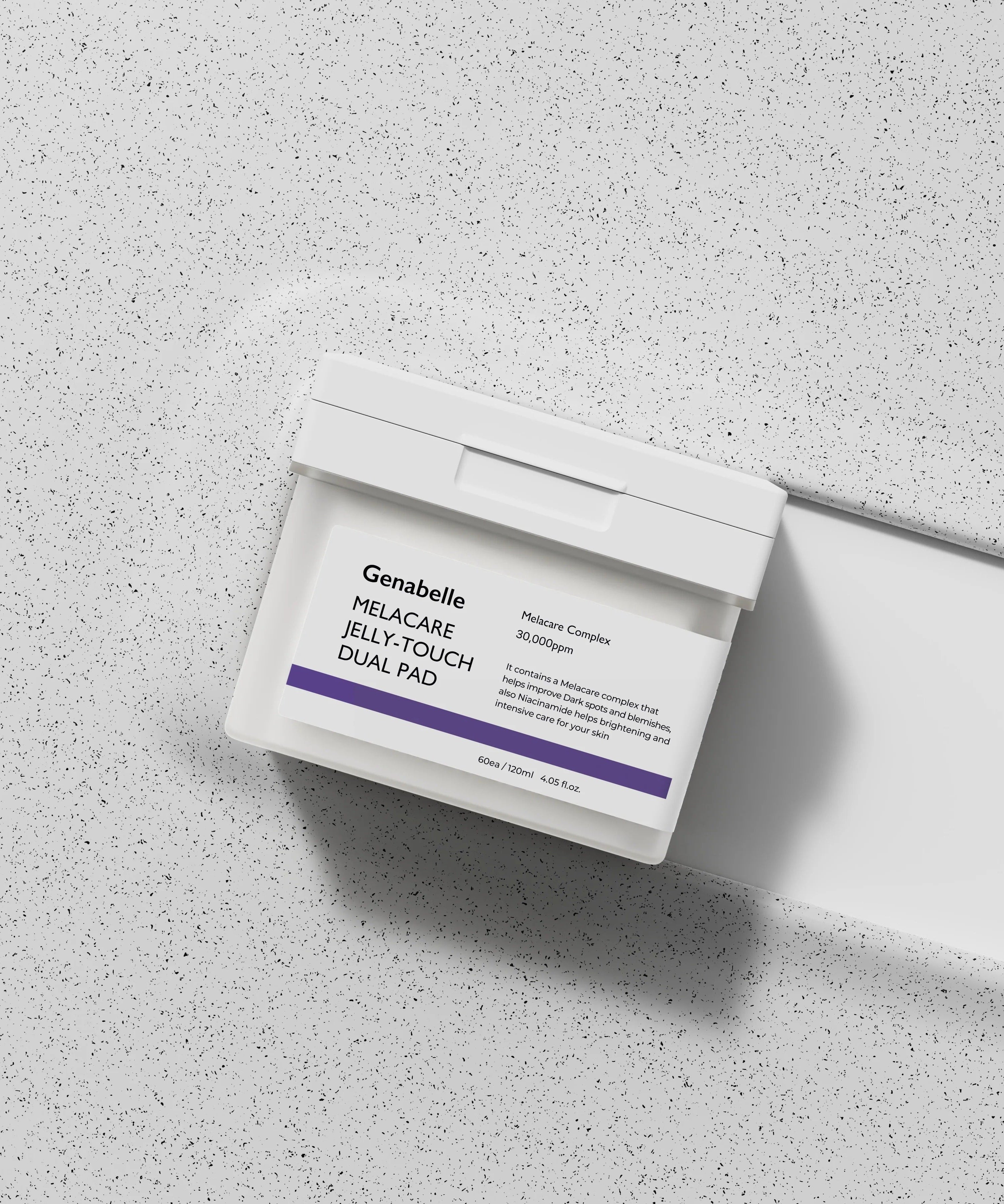 GENABELLE Melacar Jelly Touch Dual Pad 60ea skincare product on speckled surface in white container.