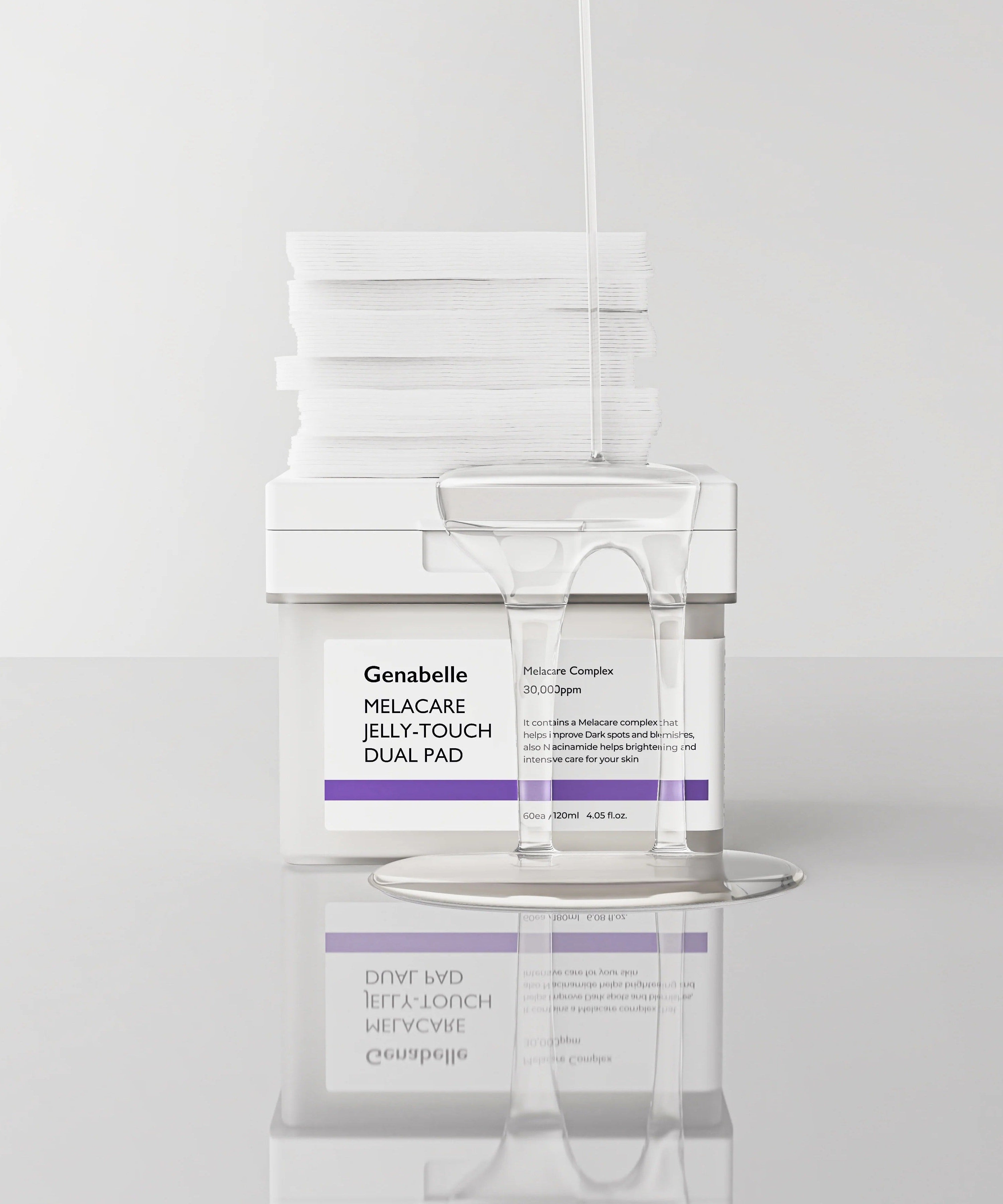 GENABELLE Melacar Jelly Touch Dual Pad 60ea product image with pad stack and clear liquid on reflective surface
