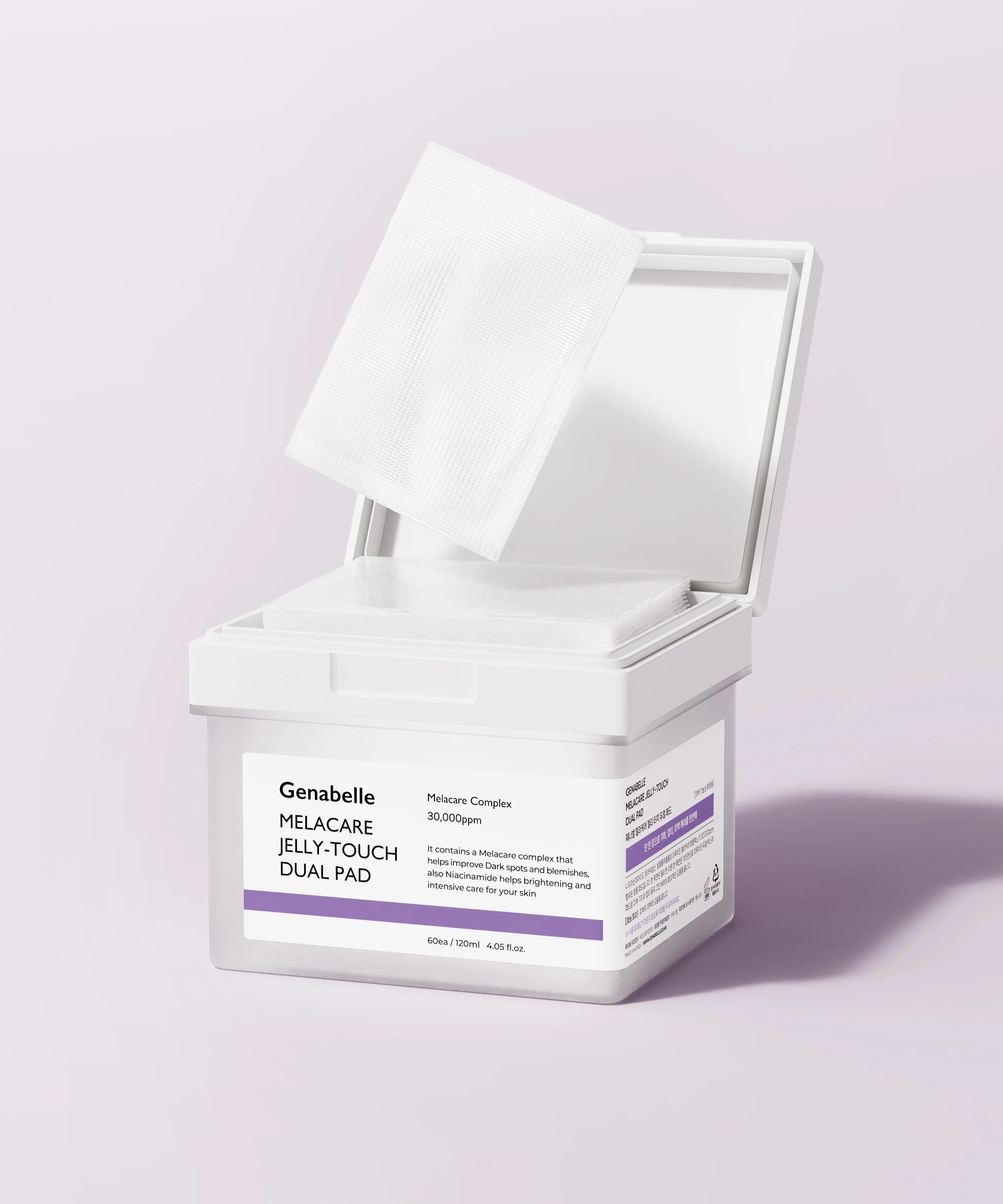 GENABELLE Melacar Jelly Touch Dual Pad 60ea in an open container showing texture and design of the skincare product, promoting beauty care essentials.