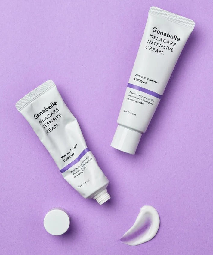 GENABELLE Melacare Intensive Cream 50ml tubes on a purple background with cream swatch