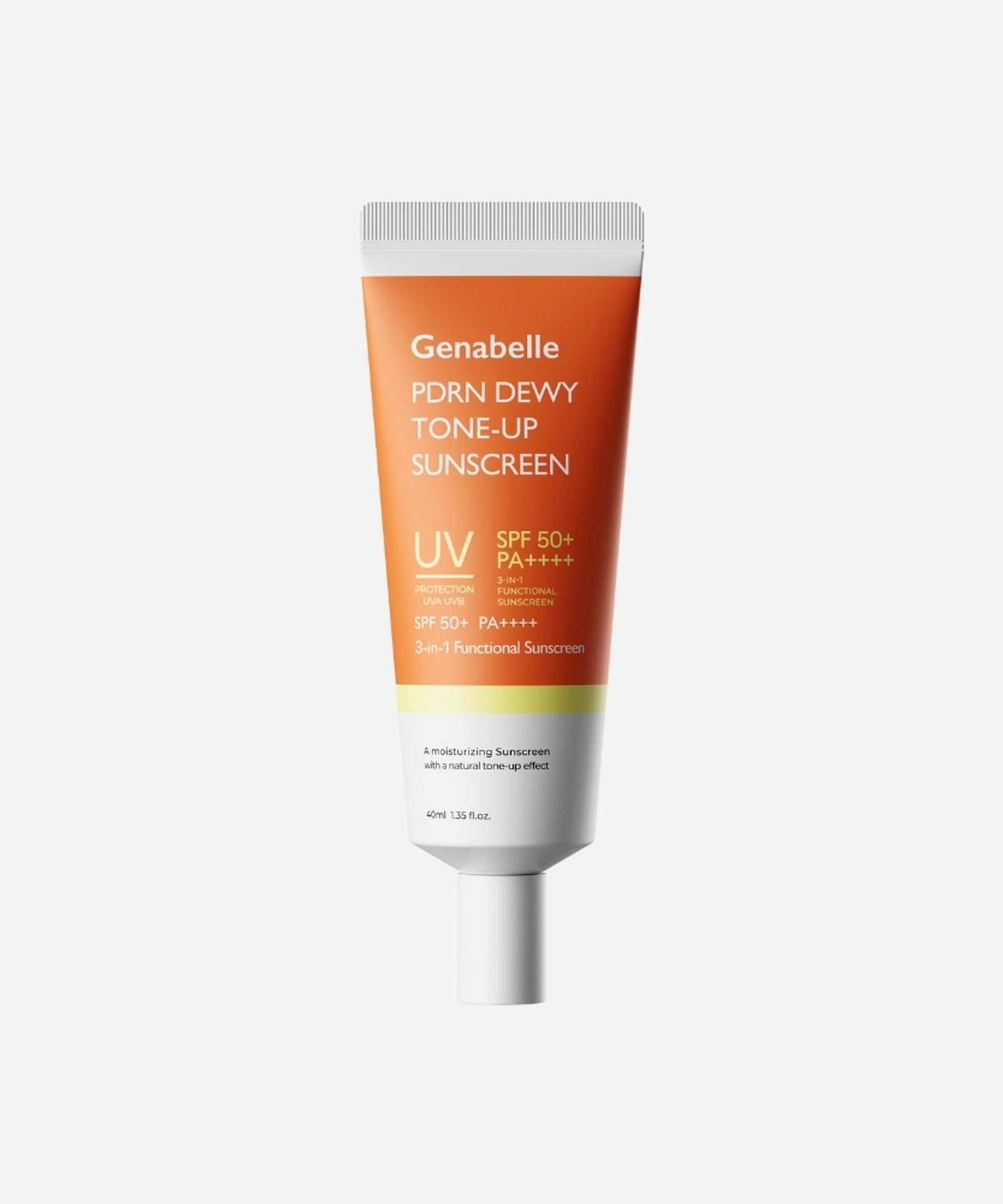 GENABELLE PDRN Dewy Tone-up Sunscreen 40ml tube front view with orange and white packaging, SPF 50+ PA++++ featured prominently.
