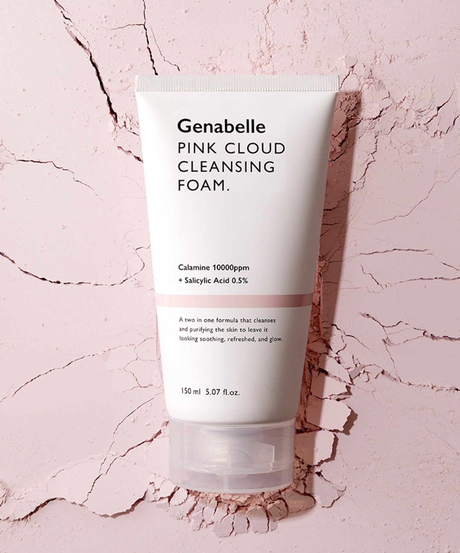 GENABELLE Pink Clound Cleansing Foam 150ml on textured pink background, highlighting beauty and skincare packaging.