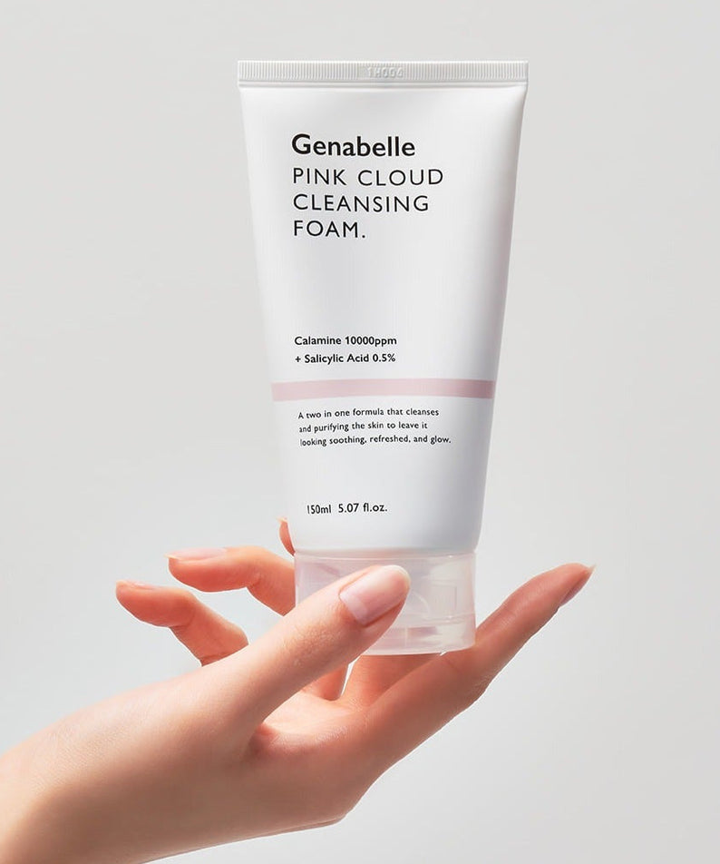 GENABELLE Pink Clound Cleansing Foam 150ml being held by a hand, showcasing the product packaging.