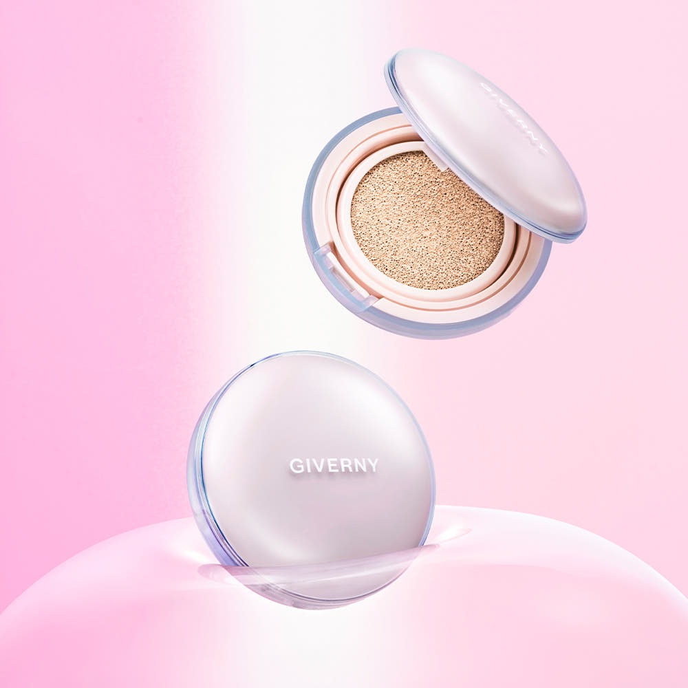GIVERNY Dewy Glassy Cushion 13gX2 (Main Product + Refill) (SPF 50+ PA+++) against a soft pink background