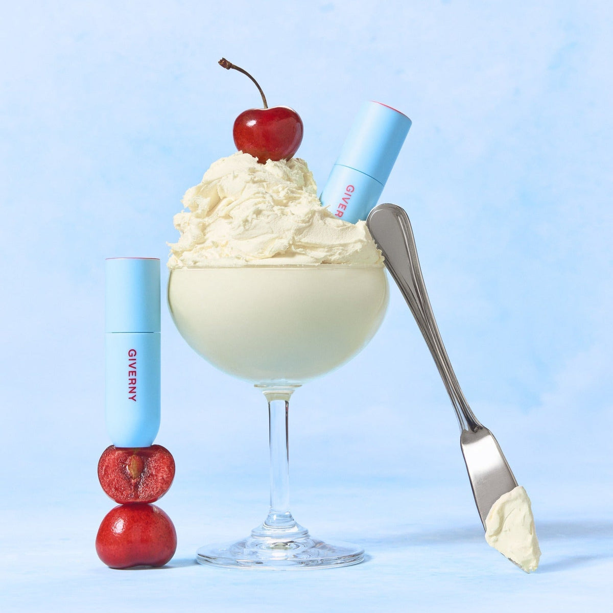 GIVERNY Fluffy Sheer Tint 3.5g displayed creatively with whipped cream and cherry, focusing on luxurious lip color presentation.