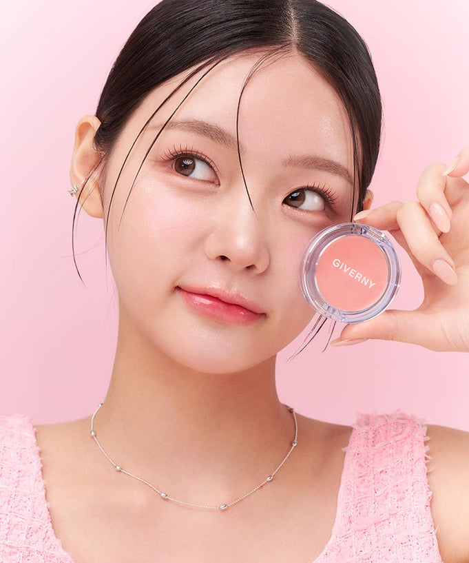 GIVERNY Dewy Gel Glow Blusher 2.7g showcased by model with glowing skin against a pink background.